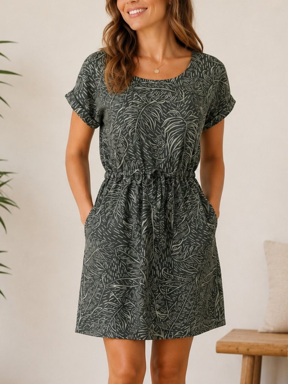 MOUNTAIN WAREHOUSE Country to Coast Leaf Print Dress US 8 Olive Green Pockets